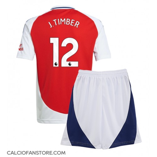 Maglia Calcio Arsenal Jurrien Timber #12 Prima Divisa Bambino 2024-25 Manica Corta (+ pantaloncini)